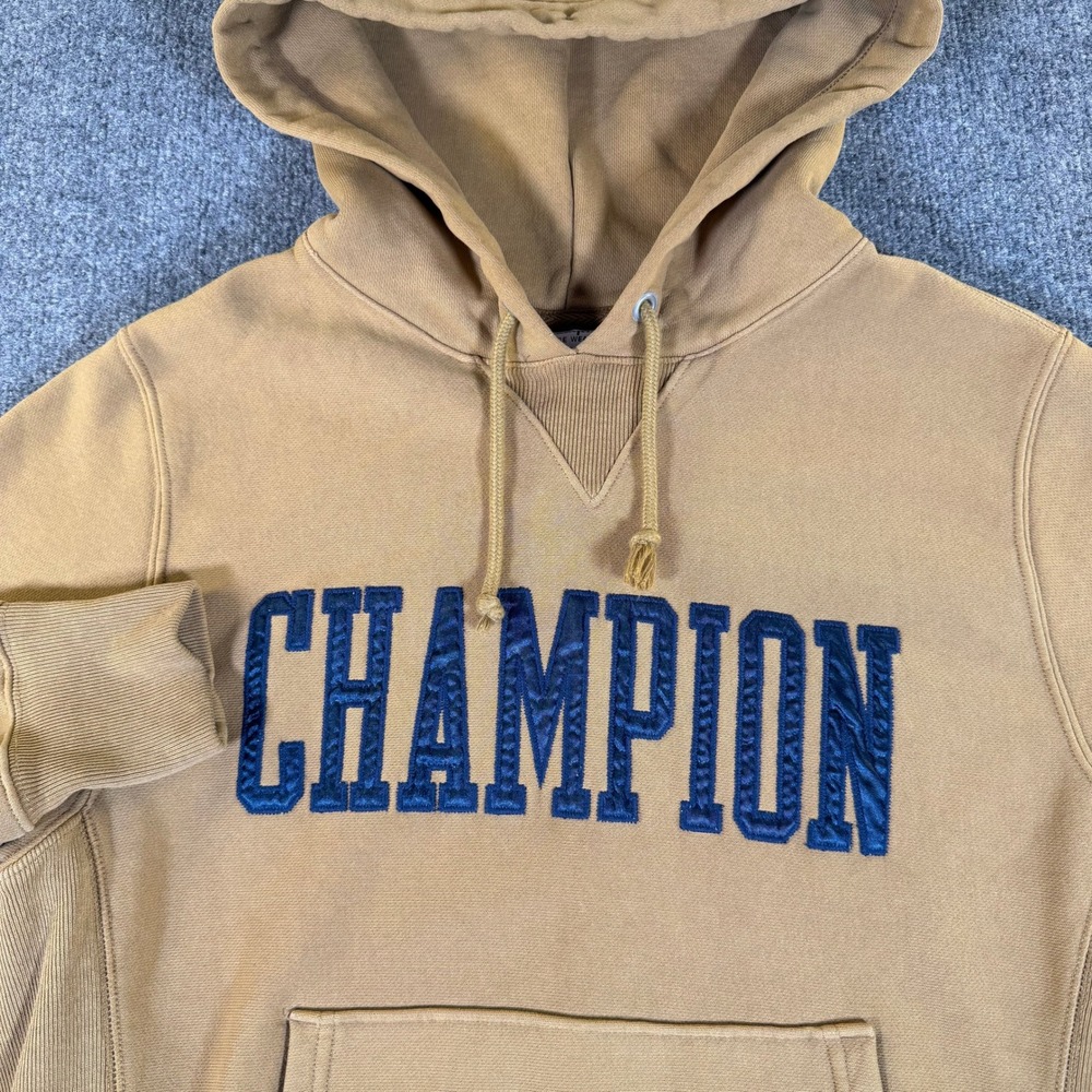 Champion Reverse Weave Hoodie Tan Brown Navy Blue Spellout Logo Mens Small #3964
